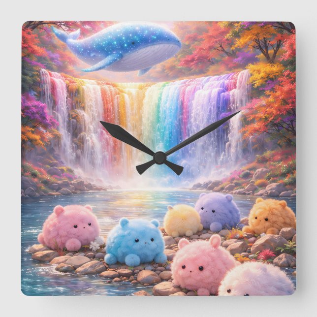 Cute Rainbow Waterfall Kids Wall Clock Decor Quadratische Wanduhr (Vorderseite)