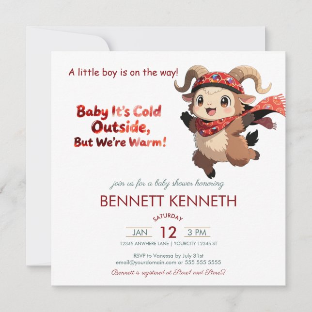 Cute Ram Winter Boy Baby Shower Invitation Save The Date (Vorderseite)