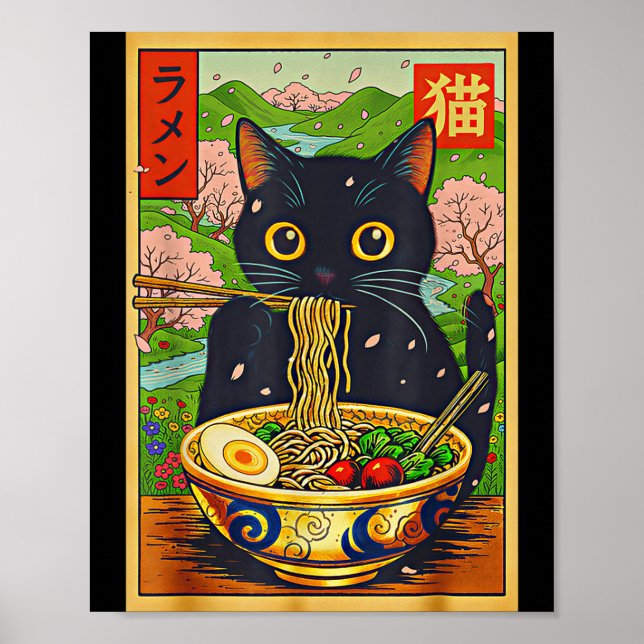 Cute Ramen Cat Nature Flowers Noodle Anime  Poster (Vorne)
