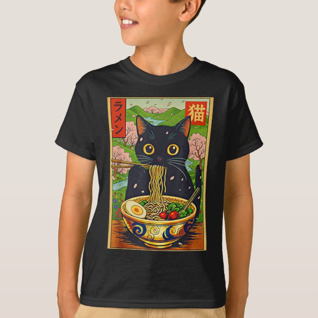 Cute Ramen Cat Nature Flowers Noodle Anime  T-Shirt (Vorderseite)