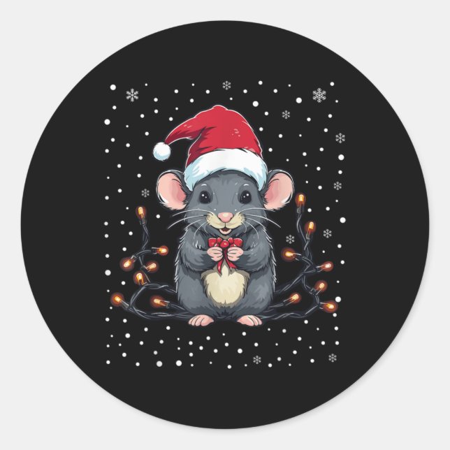 Cute Rat Christmas Lights Mouse Santa Hat Xmas Paj Runder Aufkleber (Vorderseite)