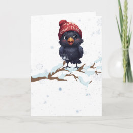 Cute Raven in a Christmas Beanie Feiertagskarte