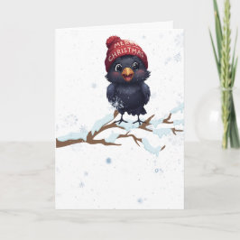Cute Raven in a Christmas Beanie Feiertagskarte