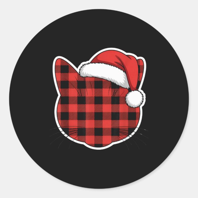 Cute Red And Black Buffalo Plaid Cat Christmas San Runder Aufkleber (Vorderseite)