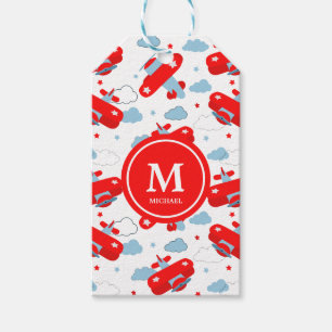 Cute Red and Blue Planes and Clouds Kids Monogram Geschenkanhänger
