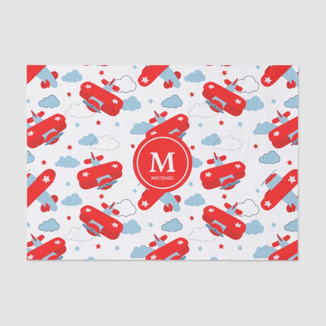 Cute Red and Blue Planes and Clouds Kids Monogram Seidenpapier (Vorderseite)
