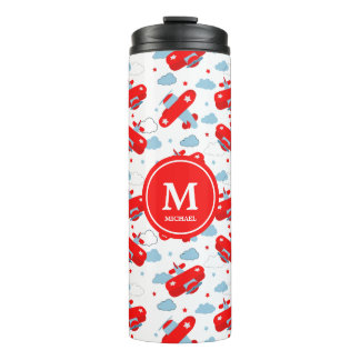 Cute Red and Blue Planes and Clouds Kids Monogram Thermosbecher