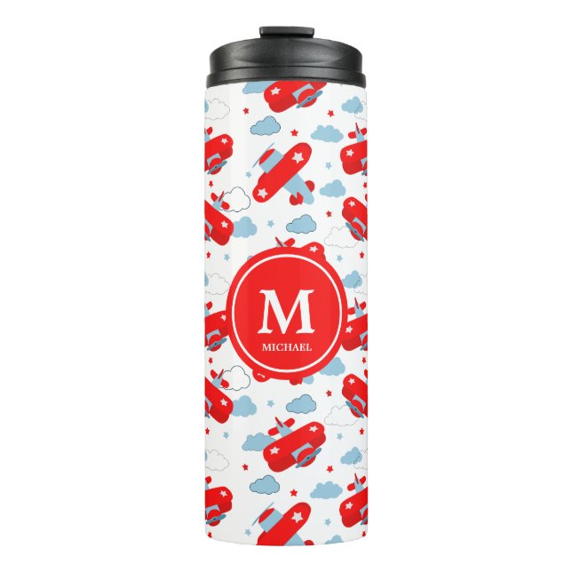 Cute Red and Blue Planes and Clouds Kids Monogram Thermosbecher (Vorderseite)