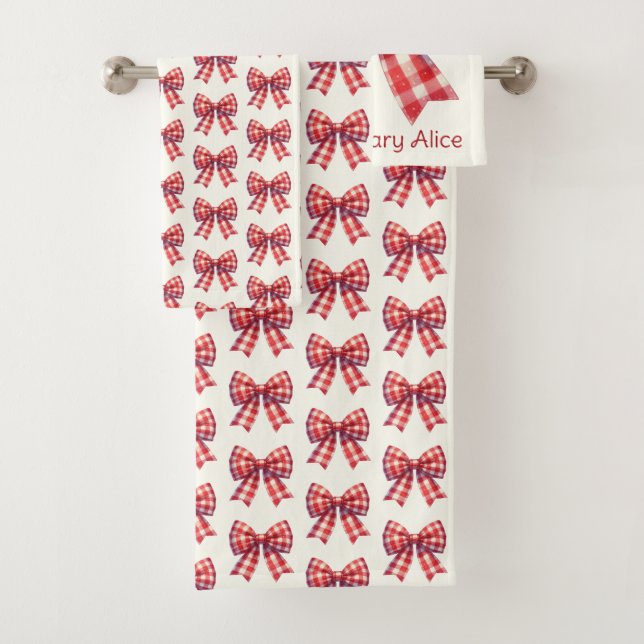 Cute Red and Cream Gingham Bows Badhandtuch Set (Insitu)
