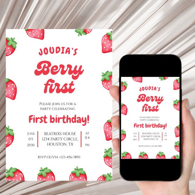 Cute Red Berry First Birthday Watercolor  Einladung (Von Creator hochgeladen)