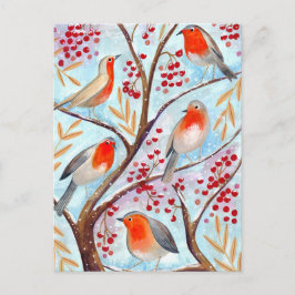 Cute red & blue Robin birds in tree with berries Feiertagspostkarte