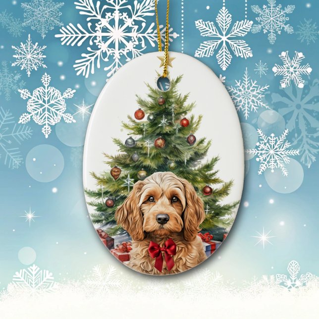 Cute Red Bow Cockapoo Dog Christmas Keramik Ornament (Von Creator hochgeladen)