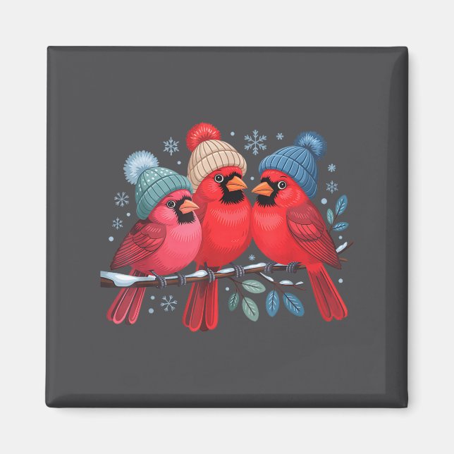 Cute Red Cardinals With Knitted Hats Winter Bird A Magnet (Vorne)