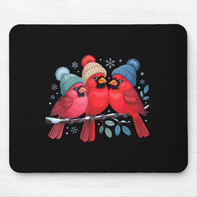 Cute Red Cardinals With Knitted Hats Winter Bird A Mousepad (Vorne)