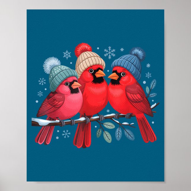 Cute Red Cardinals With Knitted Hats Winter Bird A Poster (Vorne)