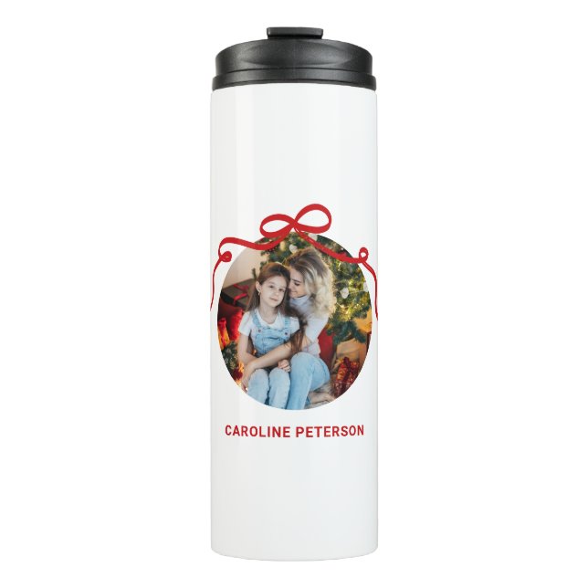 Cute Red Coquette Bow Ribbon Custom Photo Gift Thermosbecher (Vorderseite)