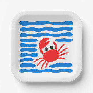 Cute Red Crab & Blue Waves Coastal Pappteller