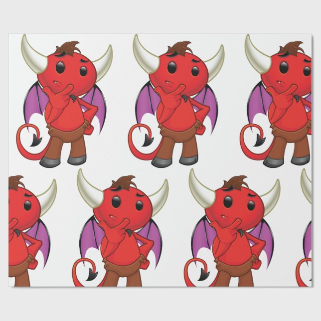 Cute Red Devil Character Thinking Mischievous Geschenkpapier (Flach)