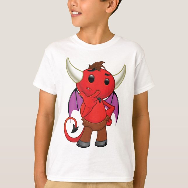 Cute Red Devil Character Thinking Mischievous T-Shirt (Vorderseite)
