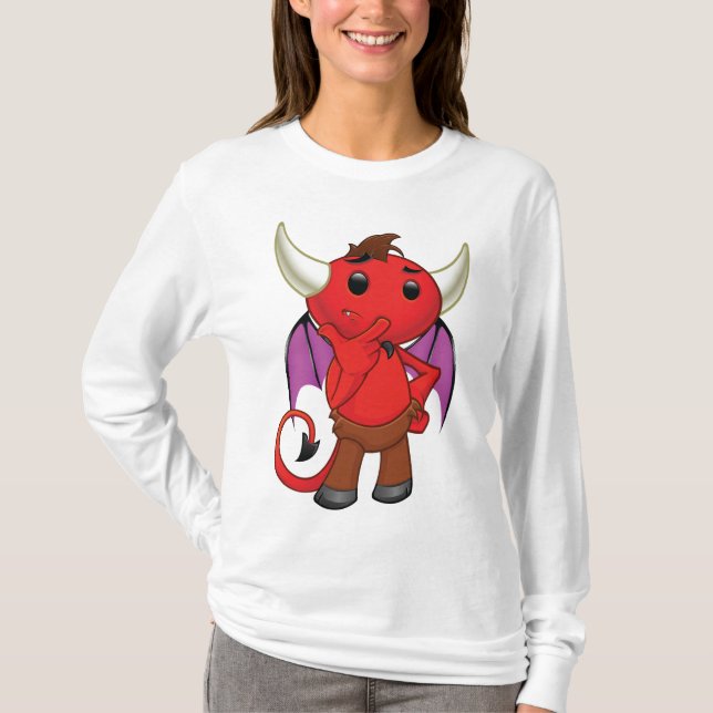 Cute Red Devil Character Thinking Mischievous T-Shirt (Vorderseite)
