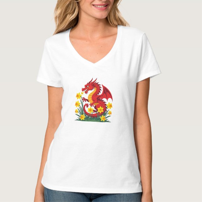 Cute Red Dragon And Daffodils T-Shirt (Vorderseite)