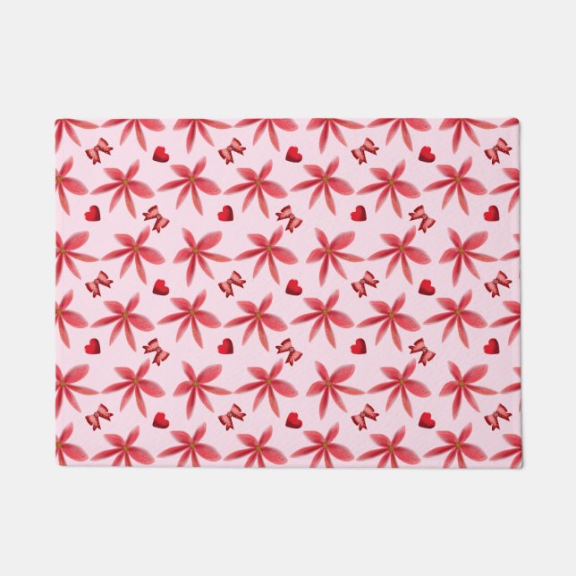 Cute Red Floral Heart Pattern Seamless Girly  Fußmatte (Vorderseite)
