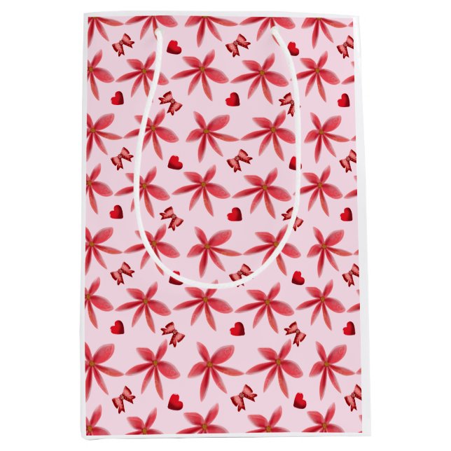 Cute Red Floral Heart Pattern Seamless Girly  Mittlere Geschenktüte (Vorderseite)
