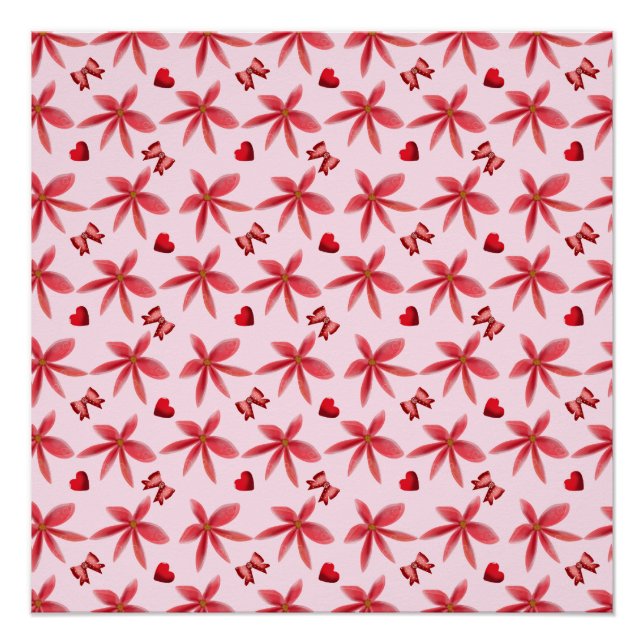 Cute Red Floral Heart Pattern Seamless Girly  Poster (Vorderseite)