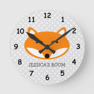 Cute red fox and grey polkadots nursery wall clock runde wanduhr