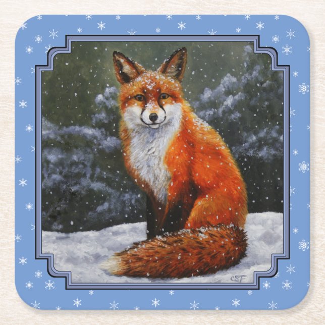 Cute Red Fox in Winter Snow Rechteckiger Pappuntersetzer (Vorderseite)