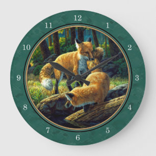 Cute Red Fox Pups Playing Große Wanduhr