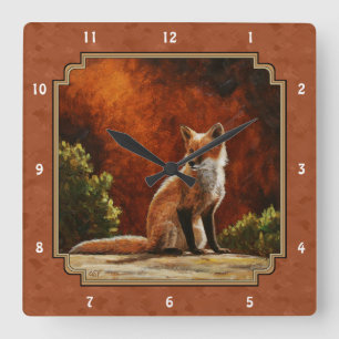Cute Red Fox Sitting In the Sun Quadratische Wanduhr