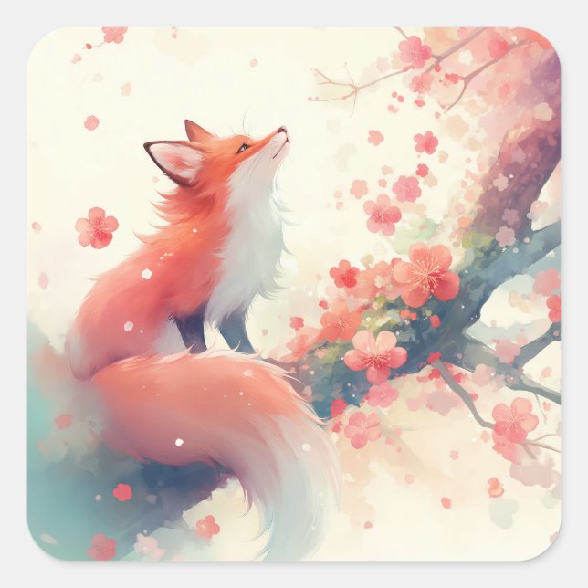 Cute Red Fox Under Pink Cherry Blossom Tree Quadratischer Aufkleber (Vorderseite)