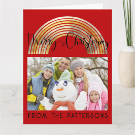 Cute Red Gold Rainbow Family Foto Merry Christmas Karte