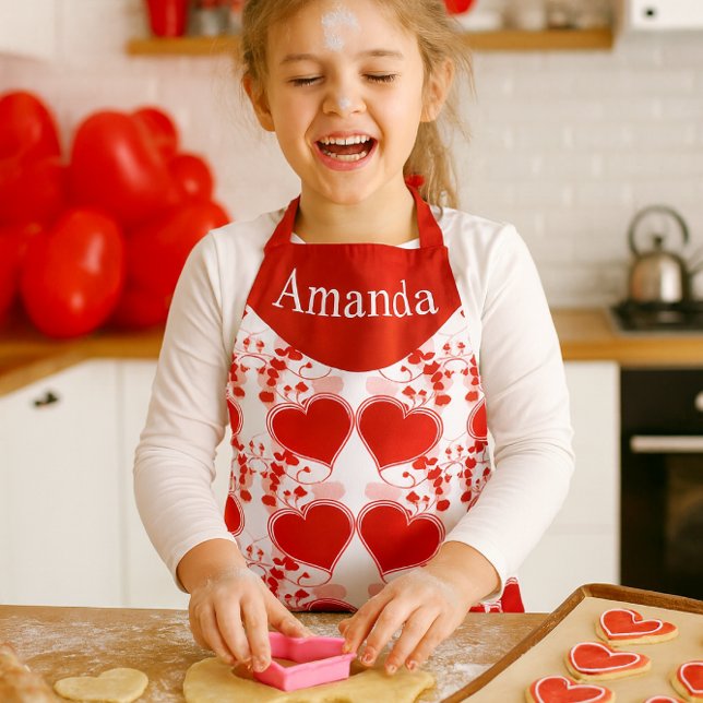 Cute Red Heart Personalized Valentine's Day  Schürze (Create cherished Valentine's Day memories while baking cookies in a personalized red heart apron.)