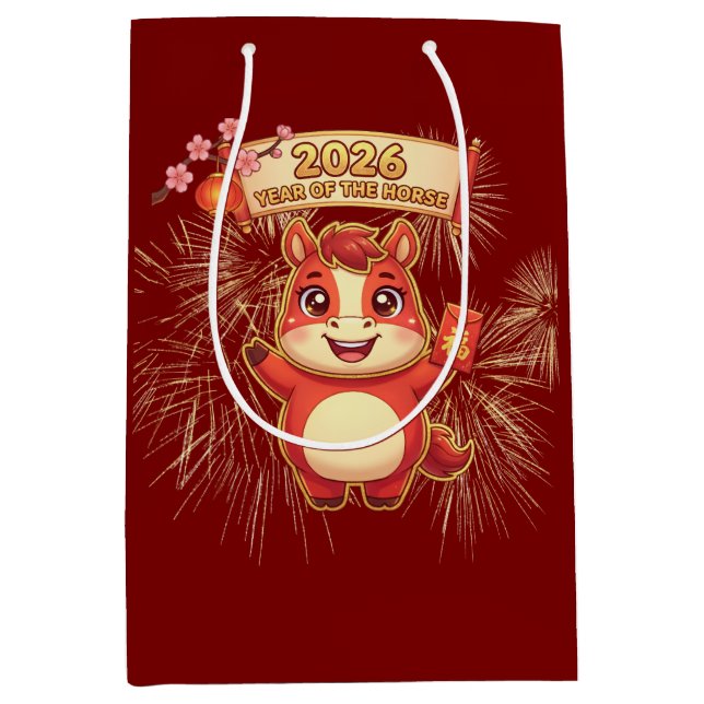 Cute Red Horse 2026 Year Of Te Horse Mittlere Geschenktüte (Vorderseite)