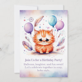 Cute Red Kitten Birthday Invitation Pastel Boho Einladung