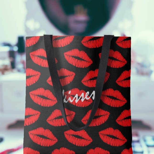 Cute Red Lipstick Kiss Lips Pattern Black Custom (A cute red kisses pattern tote bag with text you can customize. Pop your lipsticks in!)