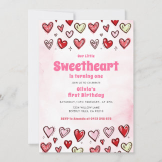 Cute Red Pink Hearths Valentine 1st Birthday Einladung