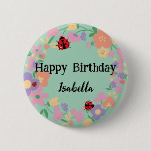 Cute red Polka dot Ladybug Spring Flower Birthday Button