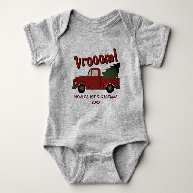 Cute red truck with a Christmas tree custom Baby Strampler (Vorderseite)