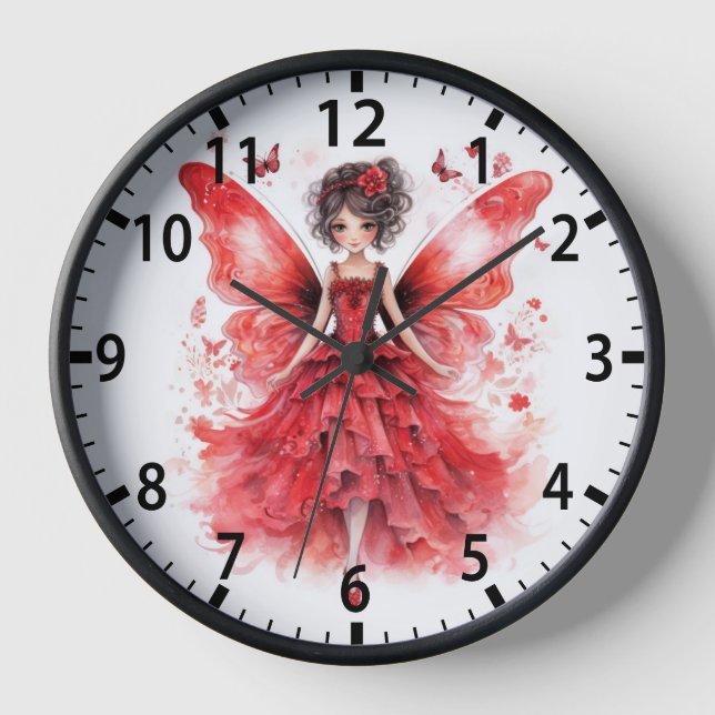 Cute Red Watercolor Fairy Girly Uhr (Vorderseite)