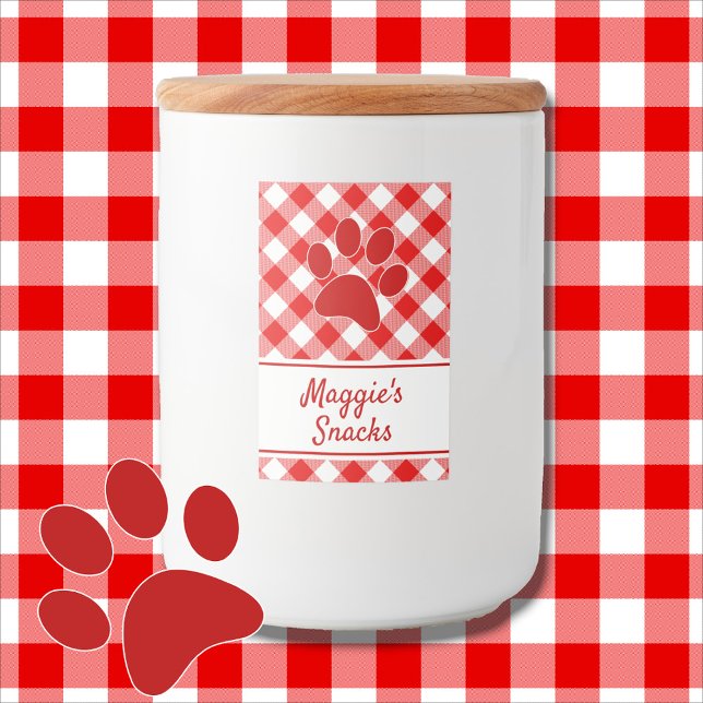Cute Red White Gingham Checkered Pattern Paw Name Lebensmitteletikett (Von Creator hochgeladen)