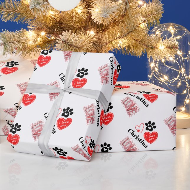 Cute Red & White Paw Print Valentines Day Hearts  Geschenkpapier (Feiertage)