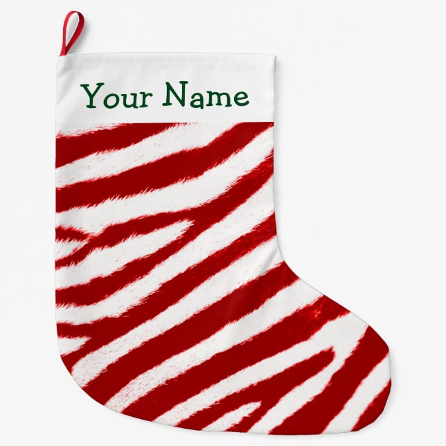 Cute Red Zebra Stripe Pattern Add Your Name Großer Weihnachtsstrumpf (Vorderseite)