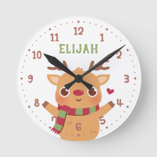 Cute Reindeer and Scarf, Kids Christmas Room Decor Runde Wanduhr