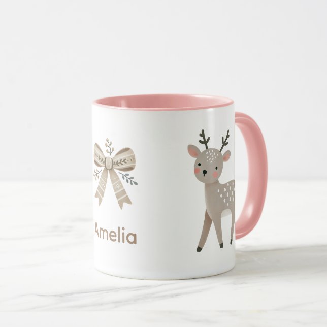 Cute Reindeer & Bow Drawing Christmas Name Tasse (VorderseiteRechts)