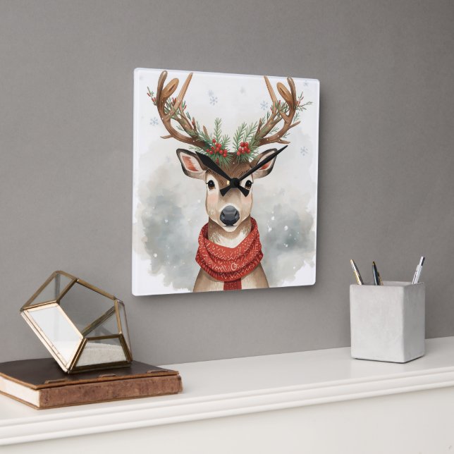 Cute Reindeer Christmas Wall Clock Quadratische Wanduhr (Büro)