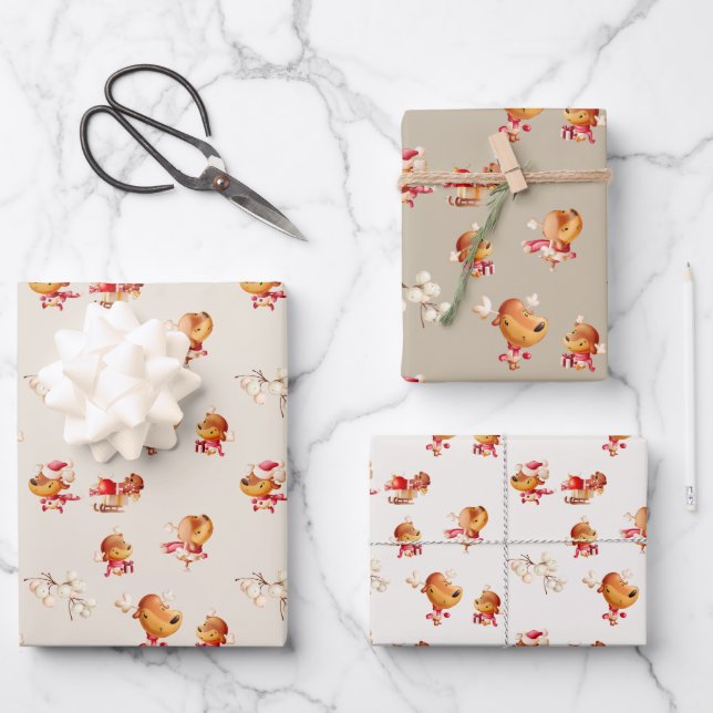 Cute Reindeer Christmas Wrapping Geschenkpapier Set (Vorderseite)