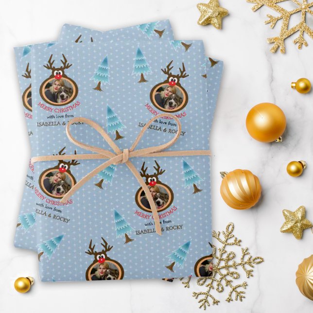 Cute Reindeer Custom Photo Frame Blue Geschenkpapier Set (Von Creator hochgeladen)
